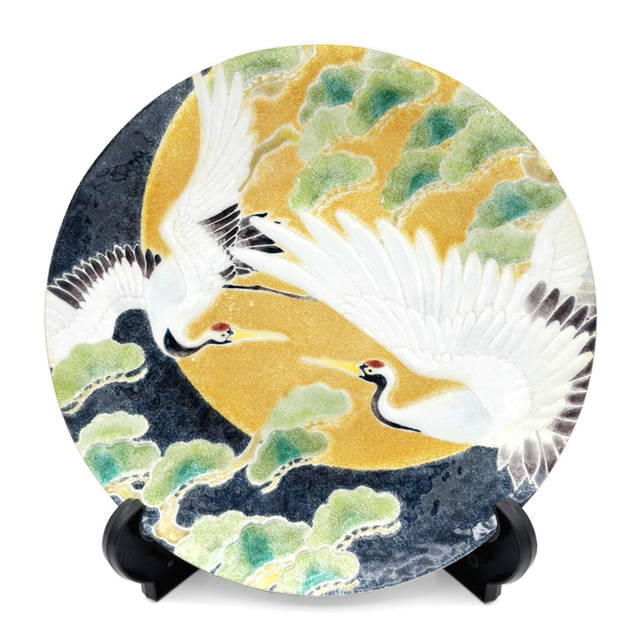 銀彩鶴に松飾皿