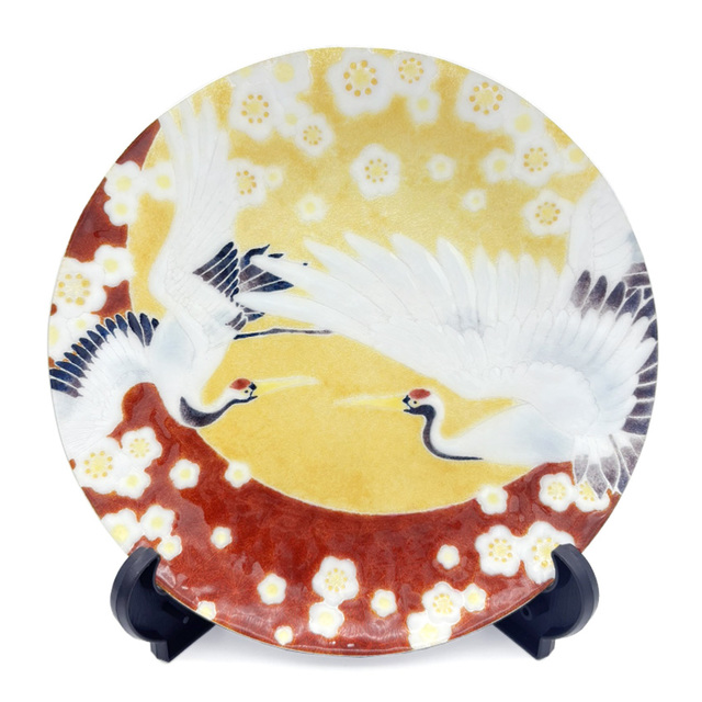 銀彩鶴に梅飾皿